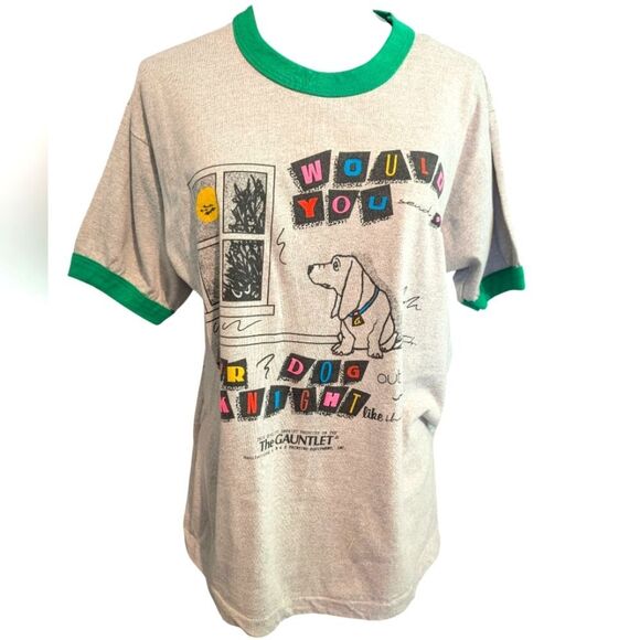 Vintage Tops - Vintage Scared Dog Ringer T-Shirt‎ XL Single Stitch Screen Stars 80s